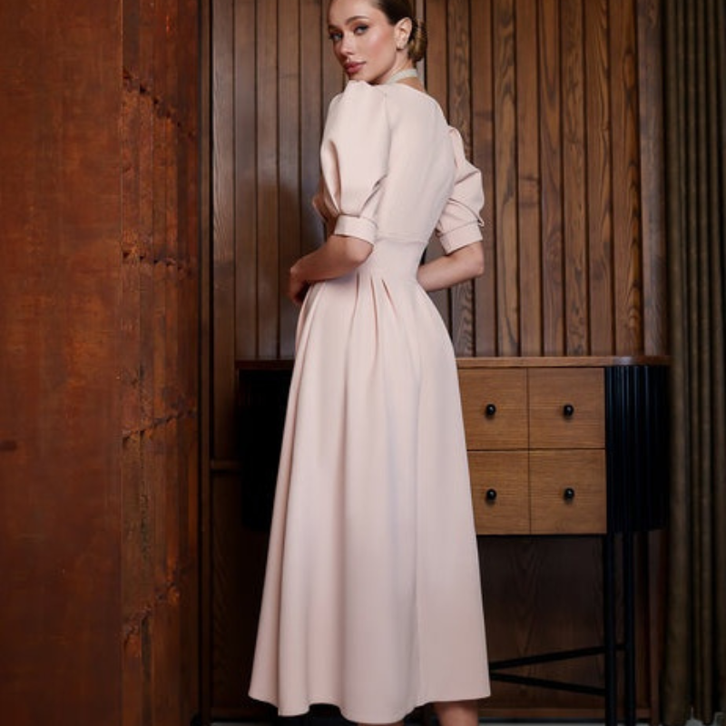 Vestido Midi Rosa Palo Escote V Mangas Abullonadas