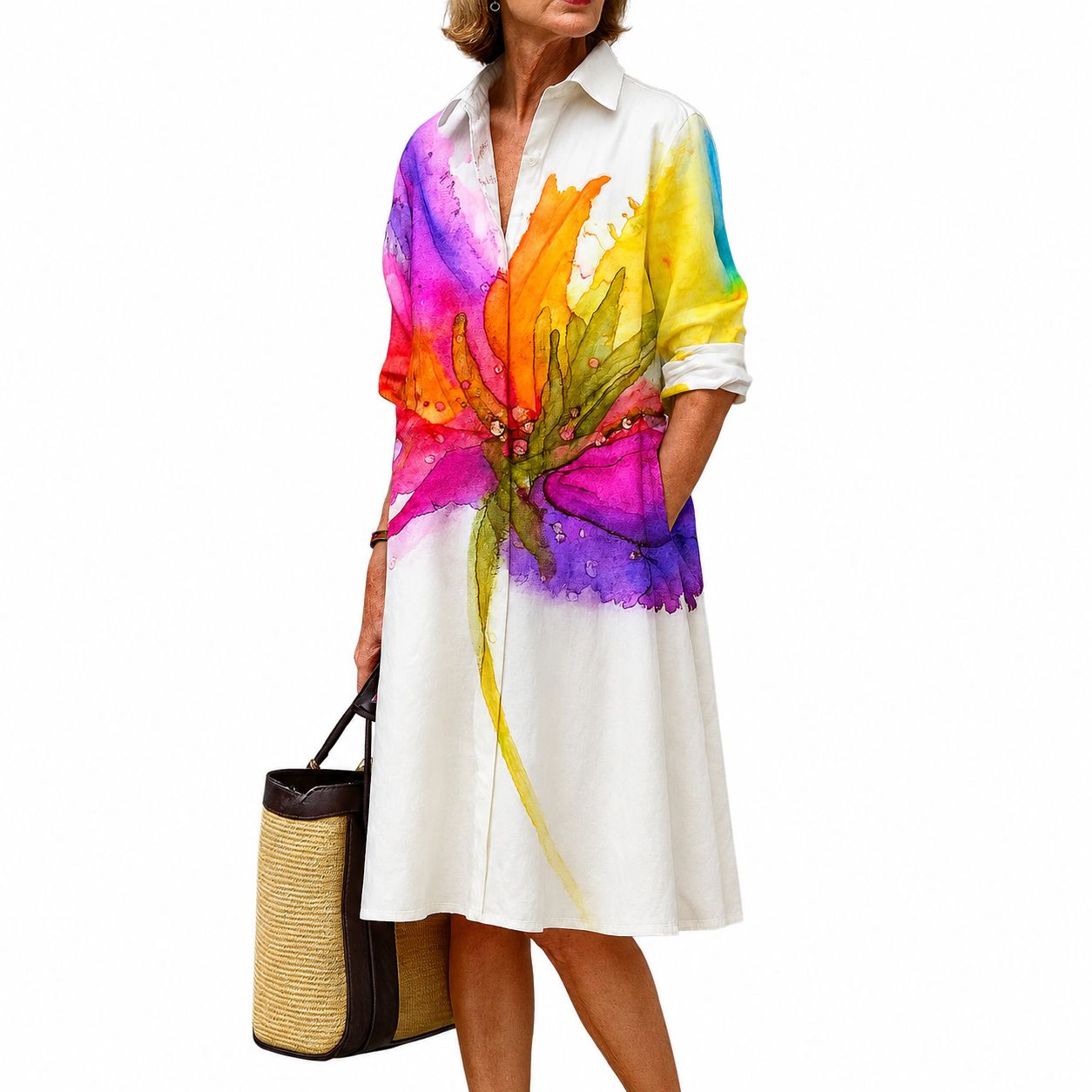 Vestido Camisero Midi Floral Acuarela Multicolor