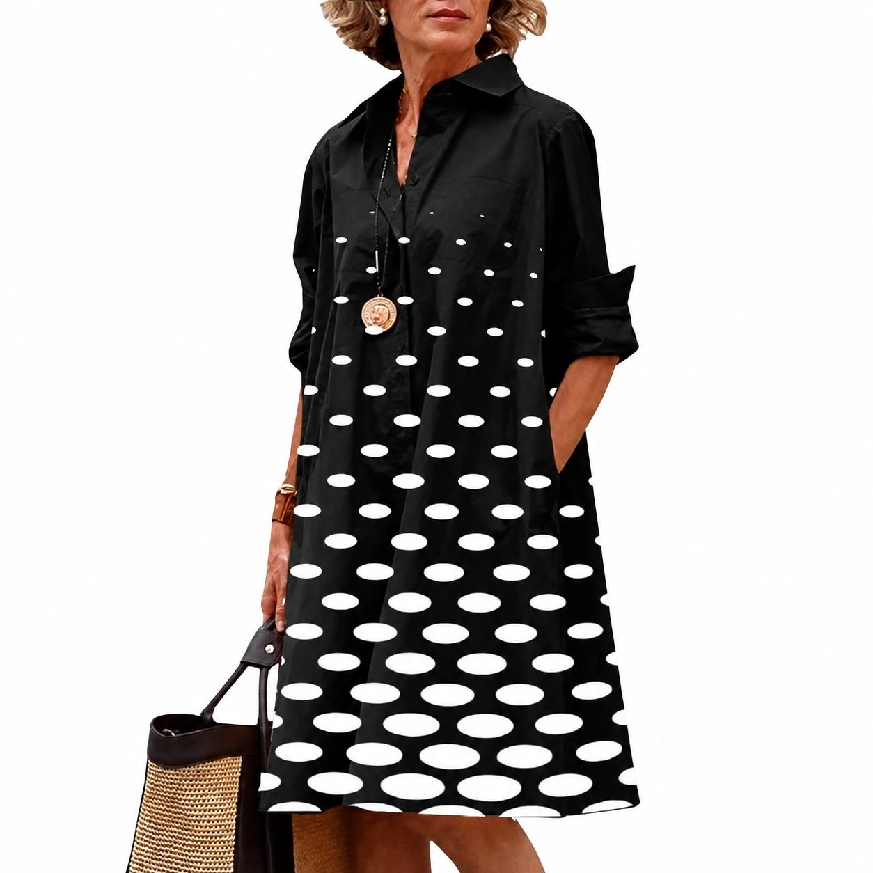Vestido Camisero Midi Lunares Degradado Negro