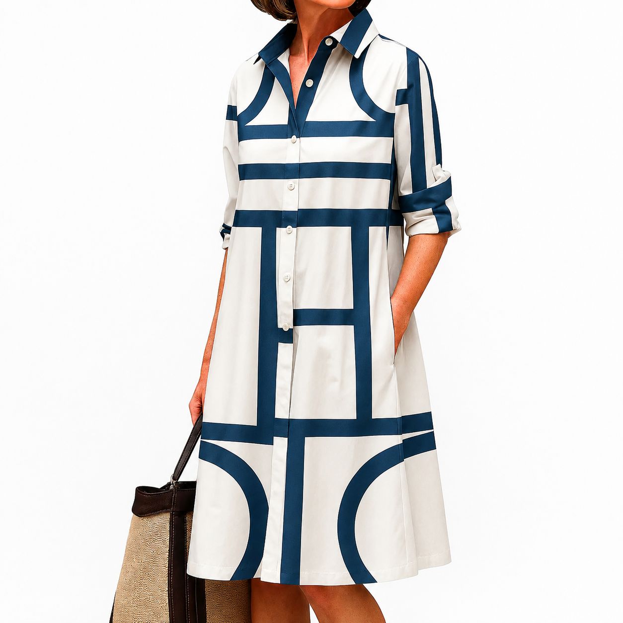 Vestido Camisero Midi Geométrico Blanco y Azul