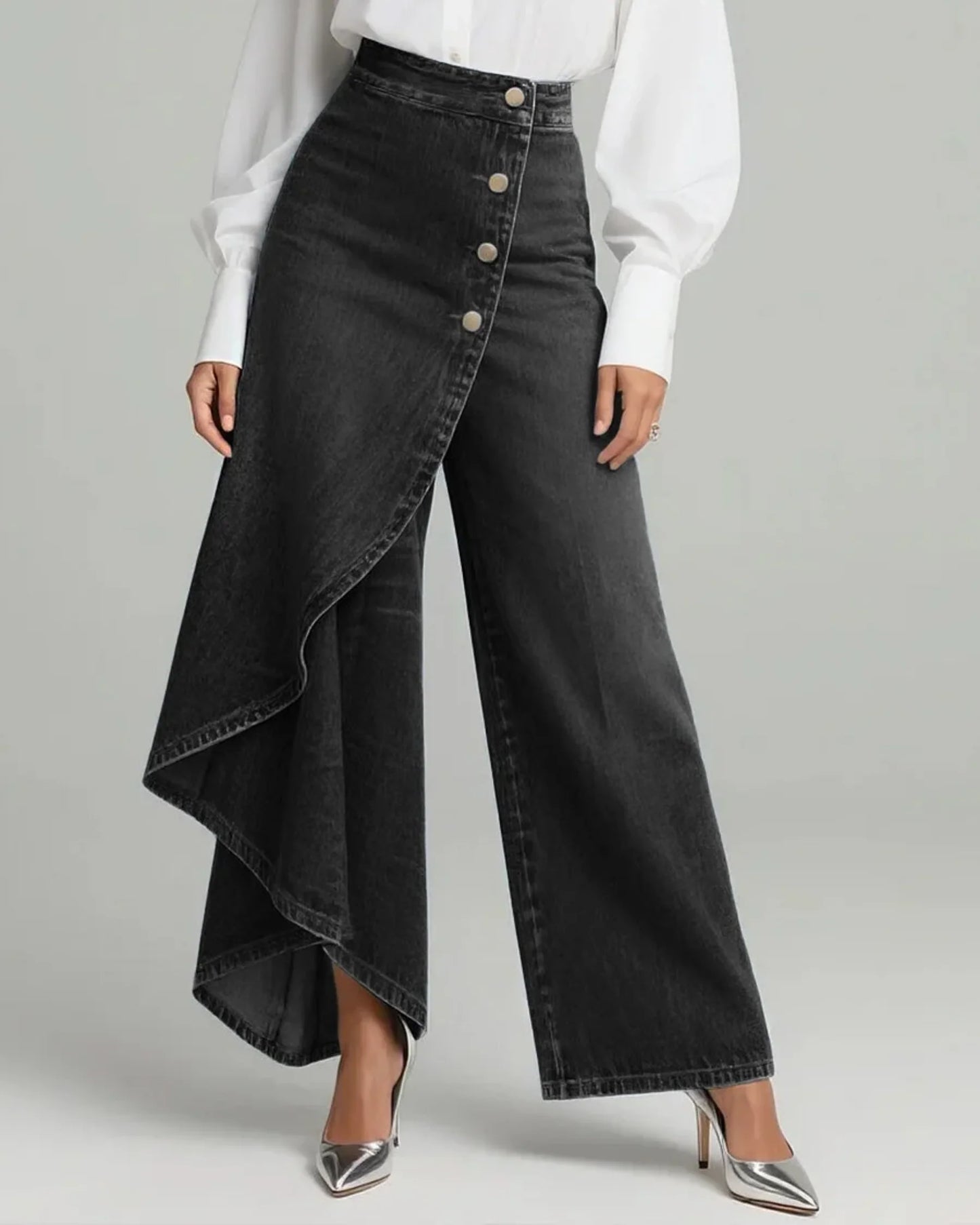 Pantalón Ancho Denim con Falda Superpuesta