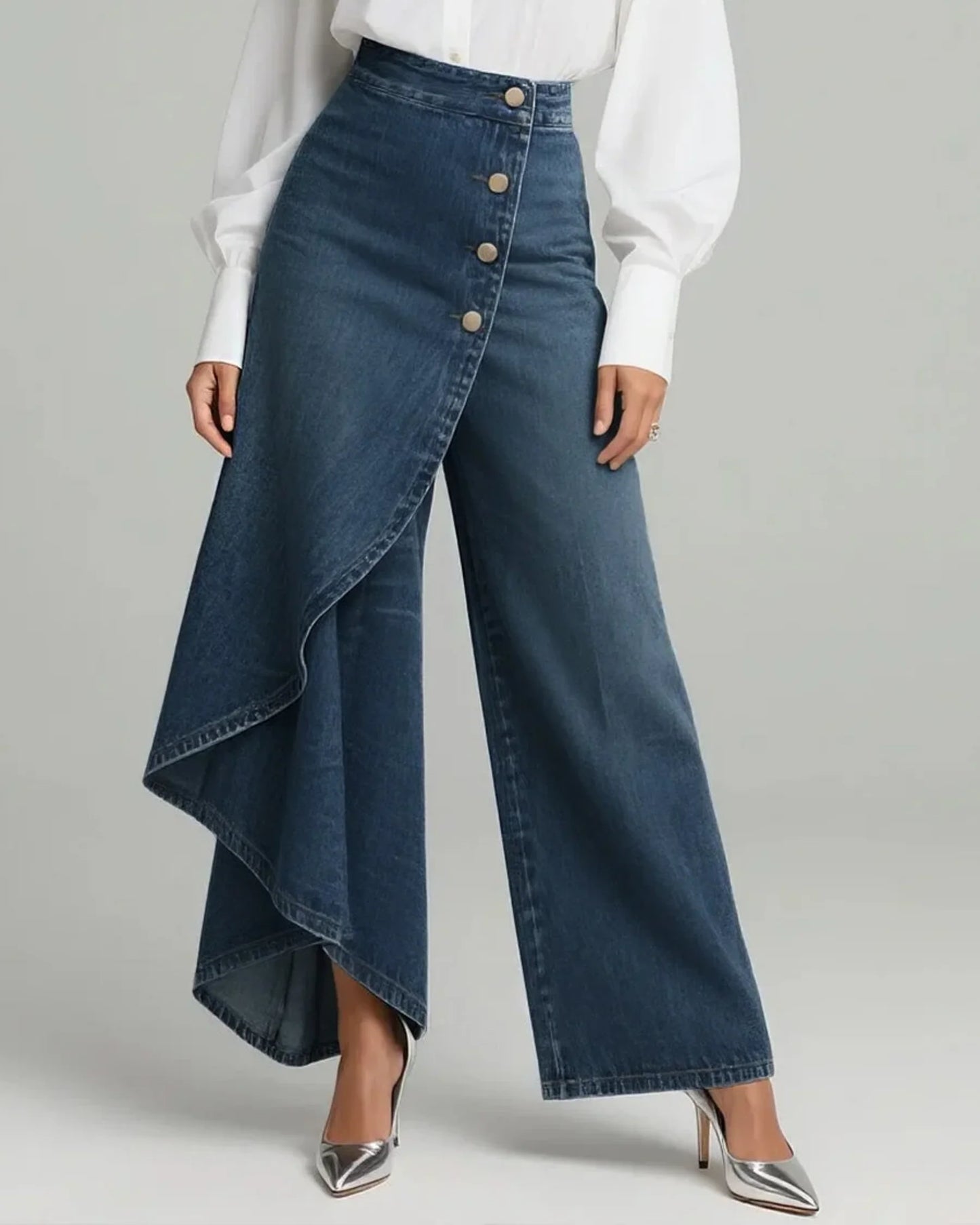 Pantalón Ancho Denim con Falda Superpuesta