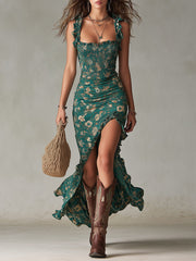 Vestido Verde Floral con Abertura y Volantes