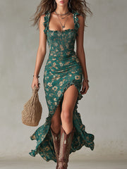Vestido Verde Floral con Abertura y Volantes