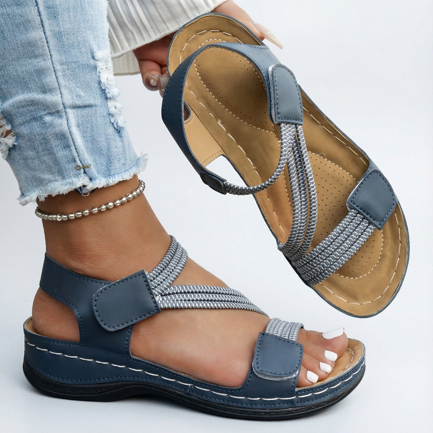 Sandalia Tiras Cruzadas Velcro Cuña Baja Cómoda