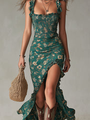 Vestido Verde Floral con Abertura y Volantes