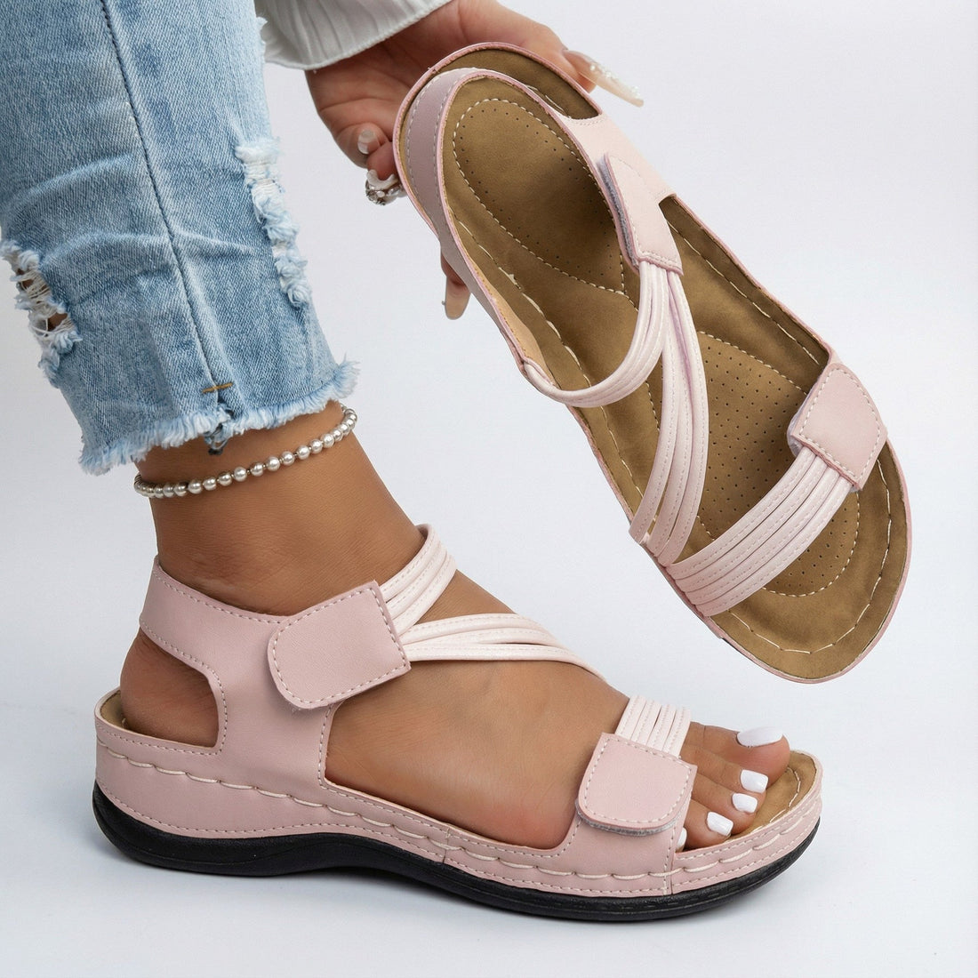 Sandalia Tiras Cruzadas Velcro Cuña Baja Cómoda