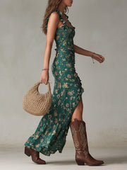 Vestido Verde Floral con Abertura y Volantes