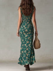 Vestido Verde Floral con Abertura y Volantes