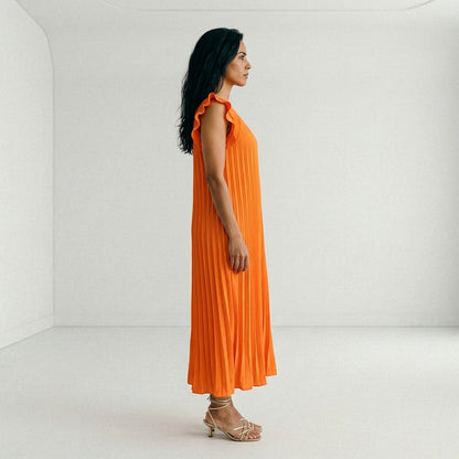 Vestido Largo Plisado con Volantes en Hombros