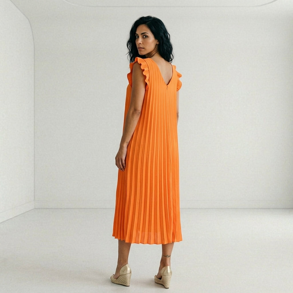 Vestido Largo Plisado con Volantes en Hombros