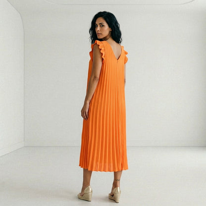 Vestido Largo Plisado con Volantes en Hombros