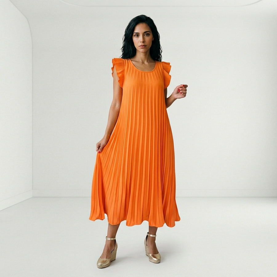 Vestido Largo Plisado con Volantes en Hombros