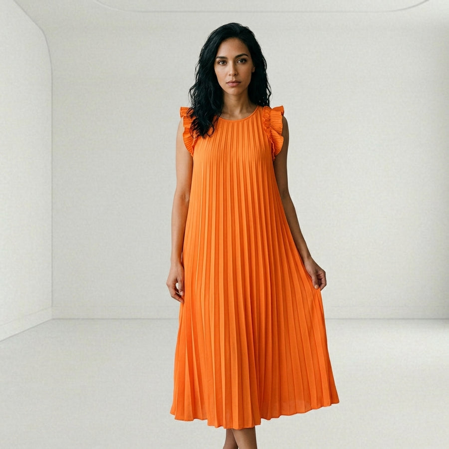 Vestido Largo Plisado con Volantes en Hombros