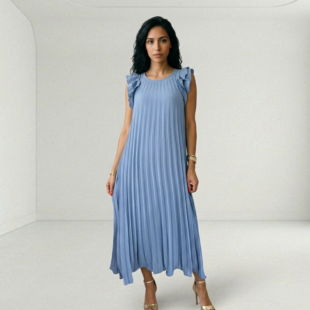Vestido Largo Plisado con Volantes en Hombros