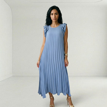 Vestido Largo Plisado con Volantes en Hombros