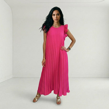 Vestido Largo Plisado con Volantes en Hombros