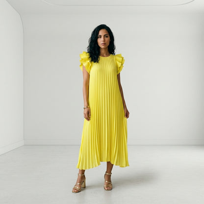 Vestido Largo Plisado con Volantes en Hombros
