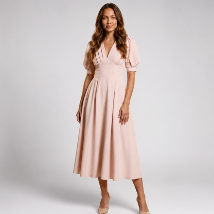 Vestido Midi Rosa Palo Escote V Mangas Abullonadas