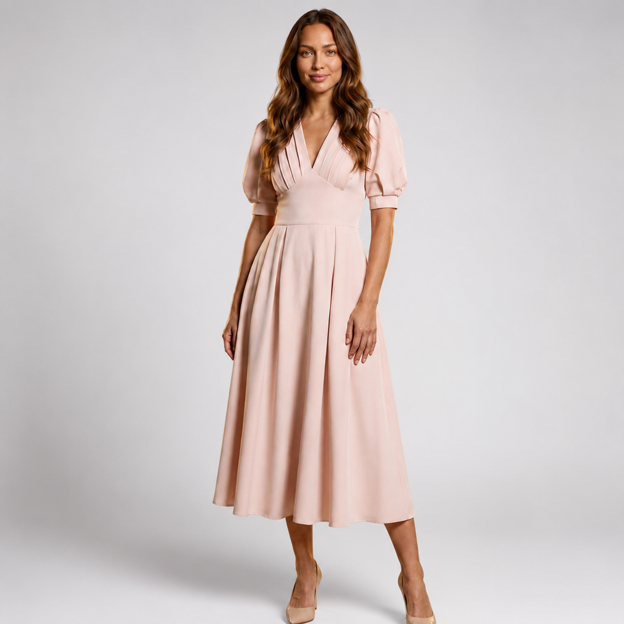 Vestido Midi Rosa Palo Escote V Mangas Abullonadas