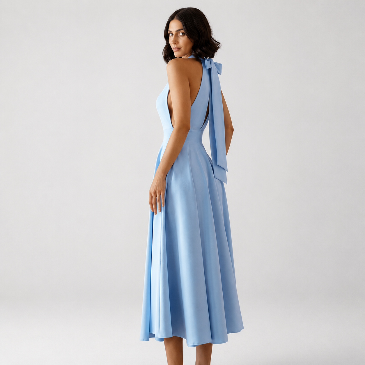 Vestido Midi Azul Cielo Halter Falda Evasé