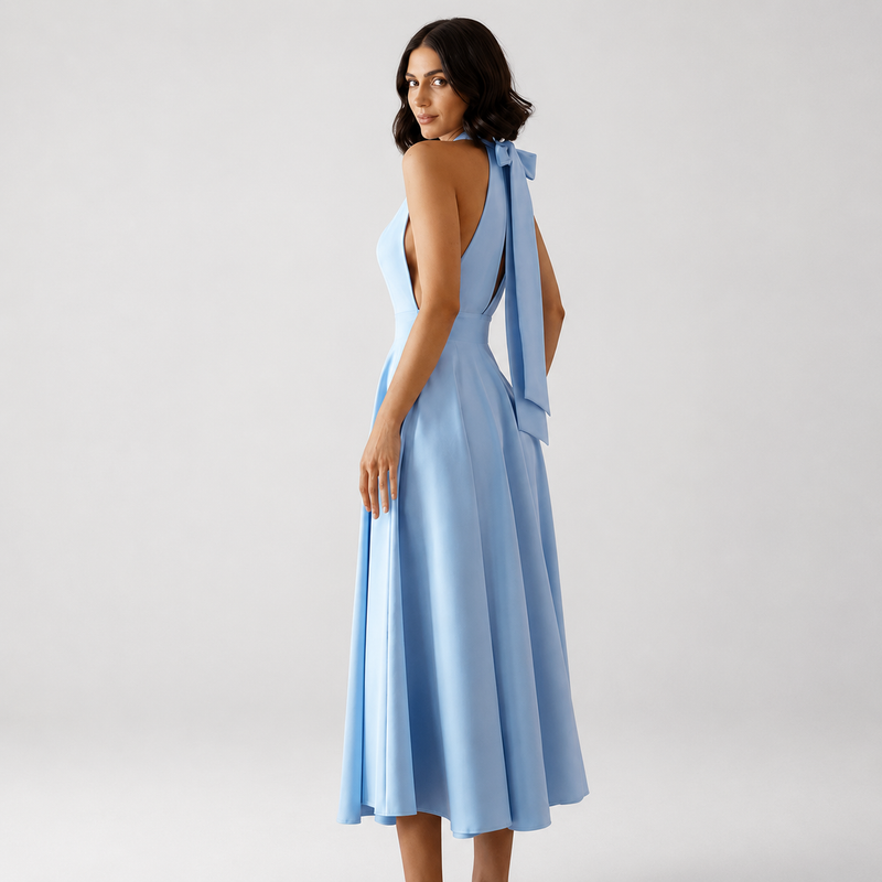 Vestido Midi Azul Cielo Halter Falda Evasé