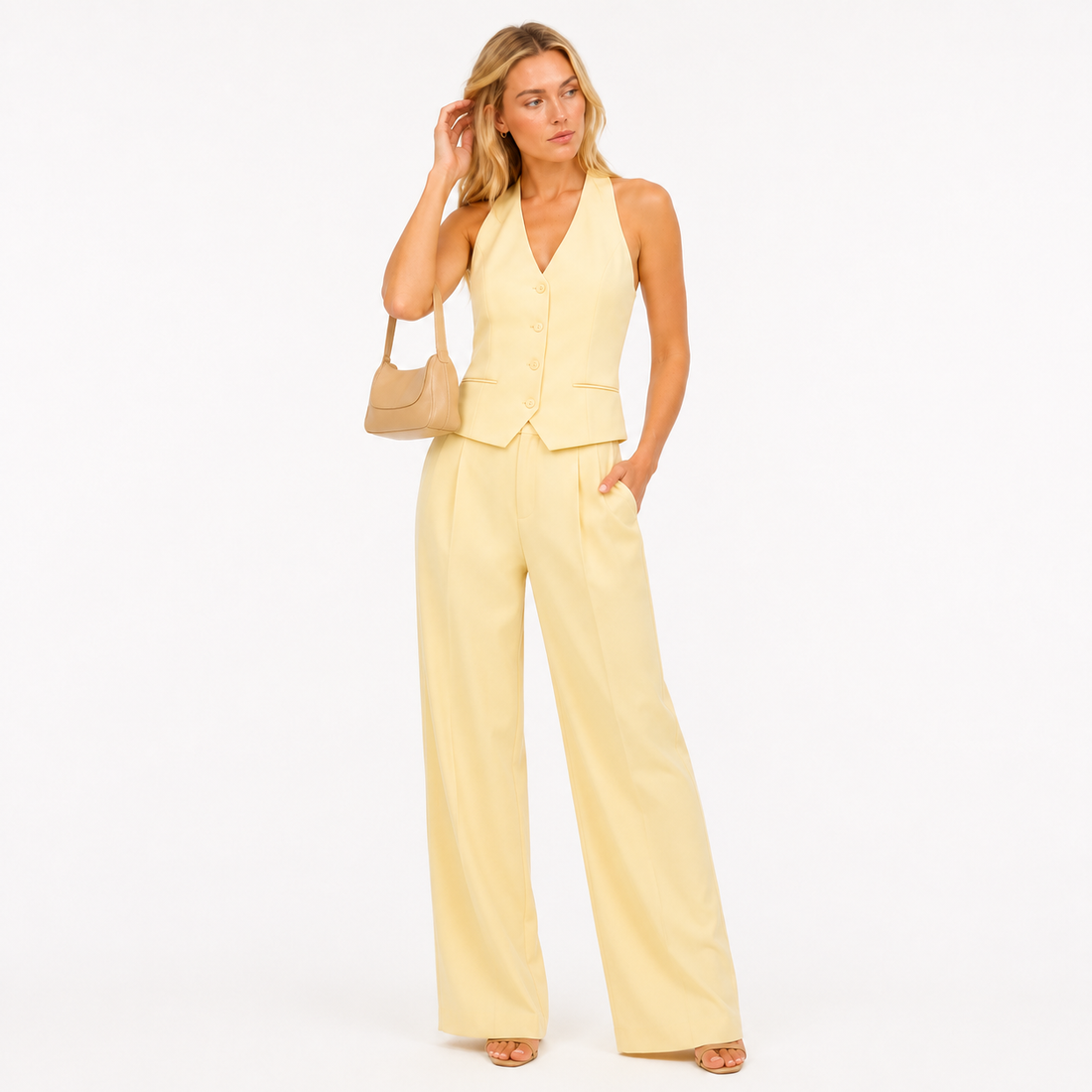 Conjunto Amarillo Halter con Chaleco y Pantalón Palazzo