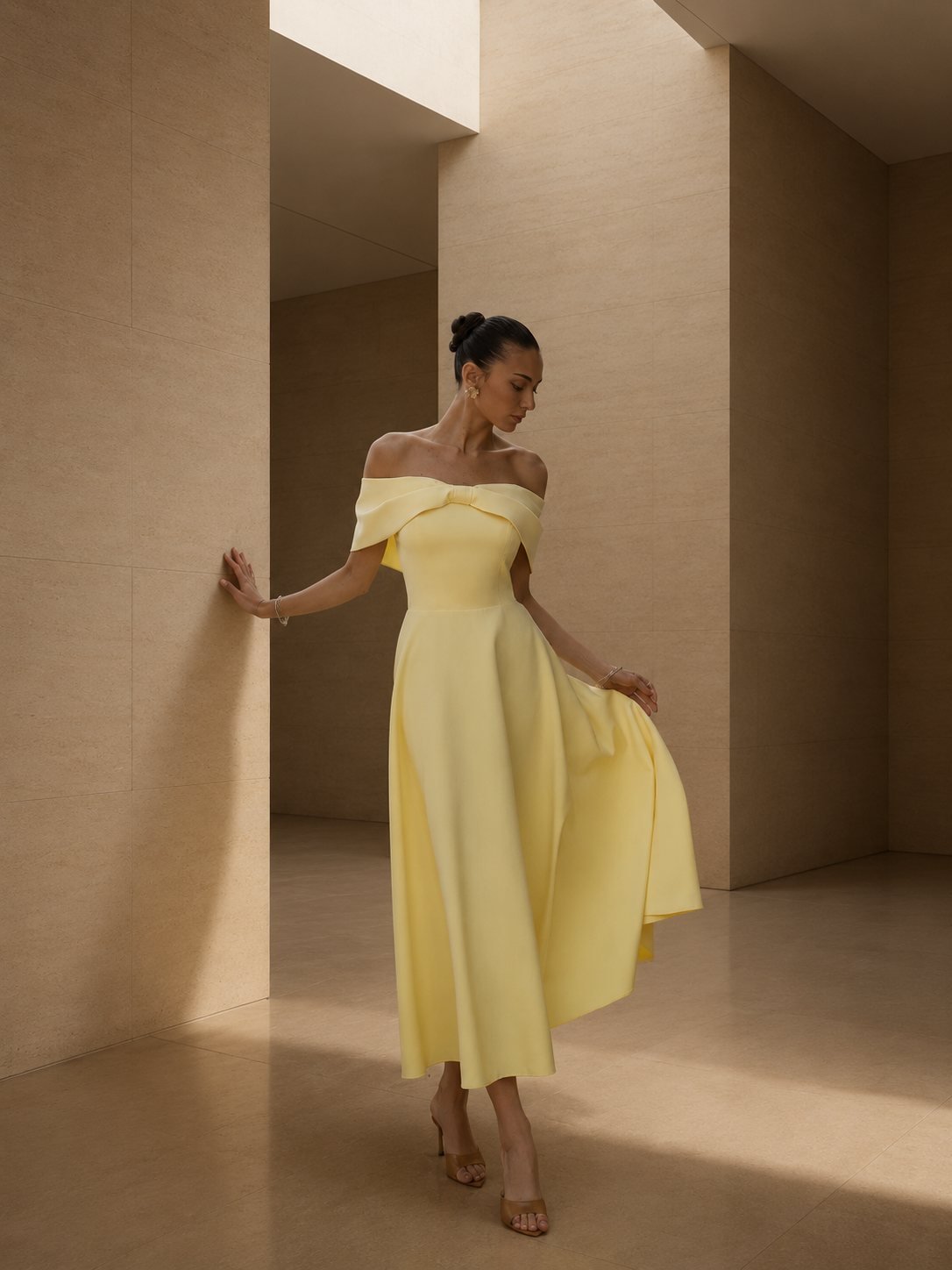 Vestido Amarillo Midi con Escote Bardot