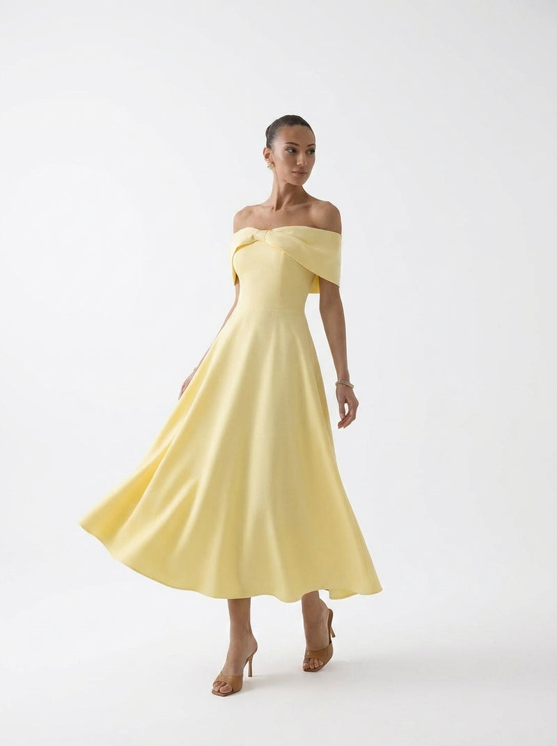 Vestido Amarillo Midi con Escote Bardot