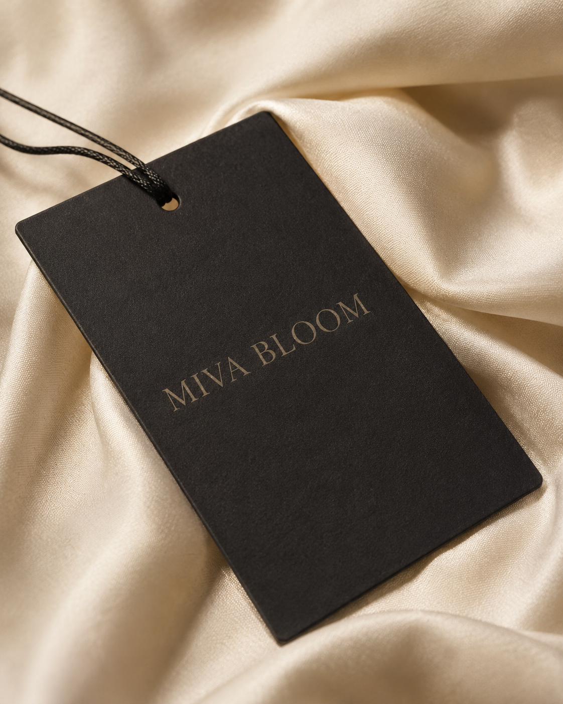 Detalle de etiqueta MIVA BLOOM sobre tejido claro