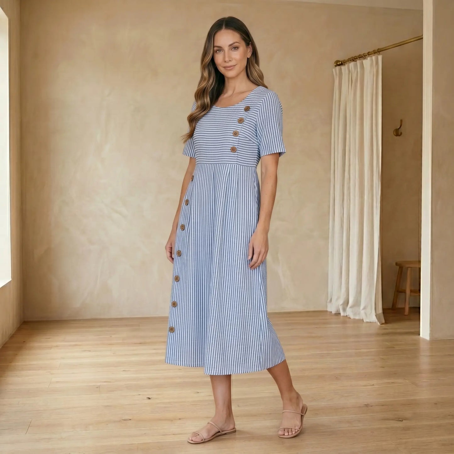 Vestido Midi a Rayas con Botones y Bolsillos
