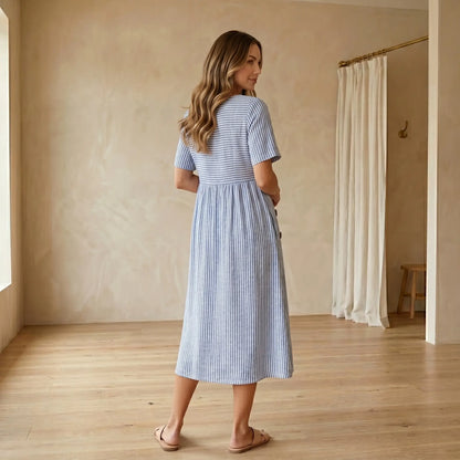 Vestido Midi a Rayas con Botones y Bolsillos