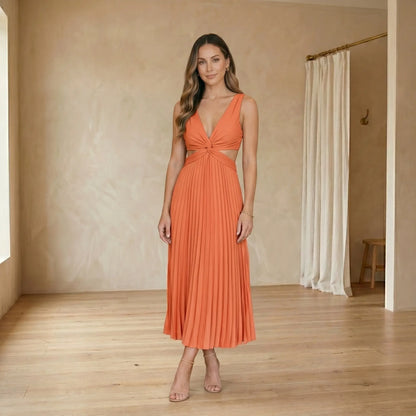 Vestido Largo Plisado con Escote en Pico