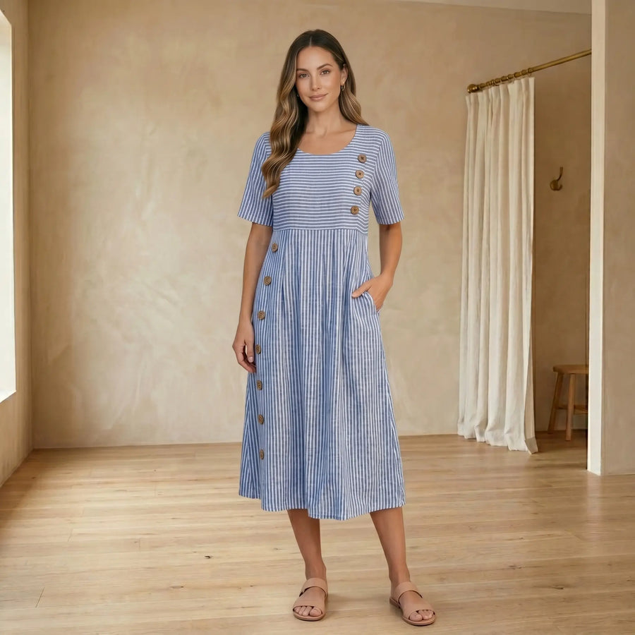 Vestido Midi a Rayas con Botones y Bolsillos