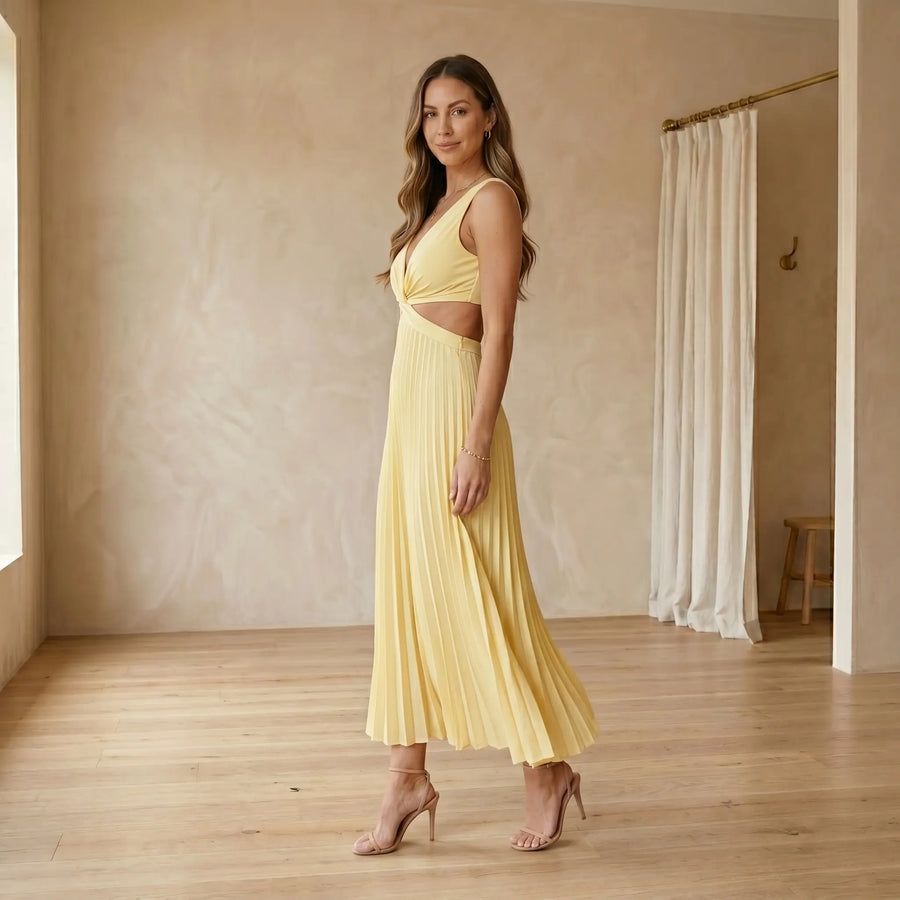 Vestido Largo Plisado con Escote en Pico
