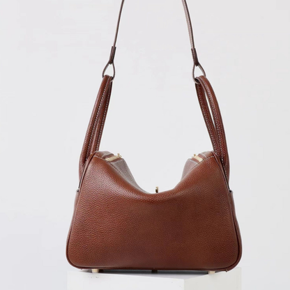 Bolso de Hombro Piel Granulada Marrón Cierre Dorado