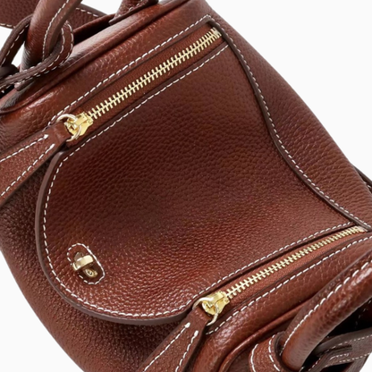 Bolso de Hombro Piel Granulada Marrón Cierre Dorado