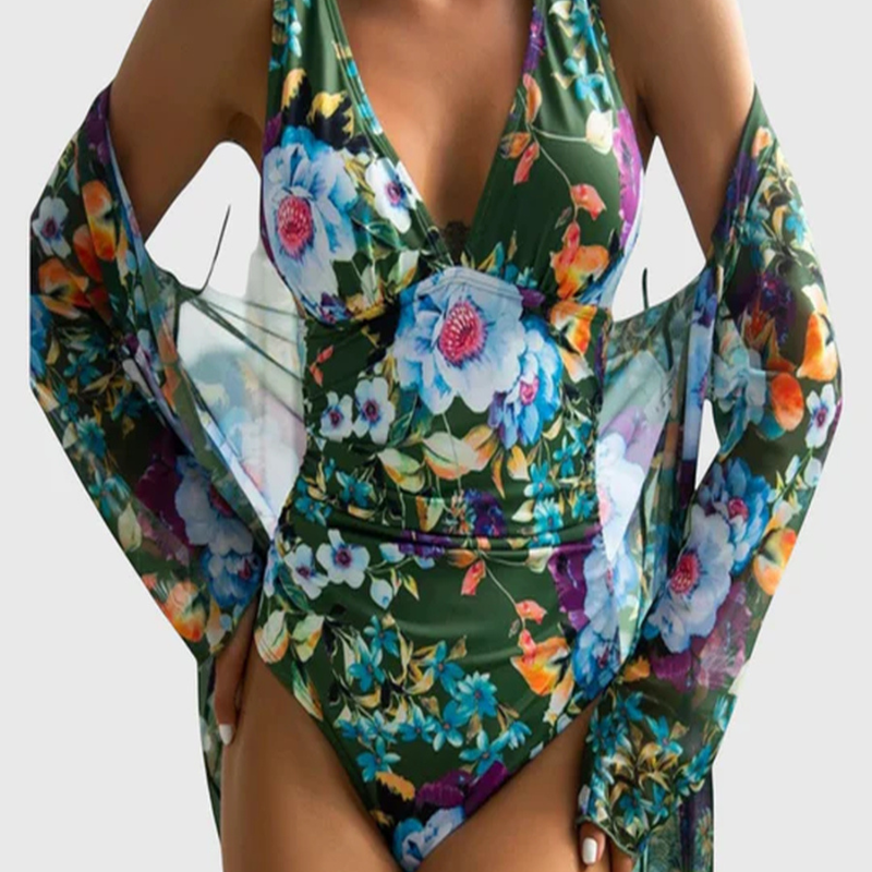 Conjunto Bañador Floral Escote V con Kimono
