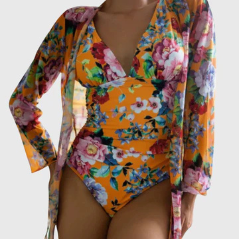 Conjunto Bañador Floral Escote V con Kimono