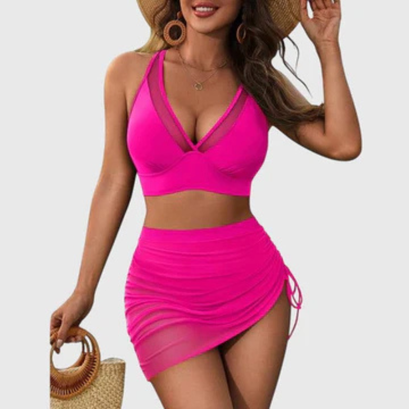Conjunto Bikini 3 Piezas con Falda Fruncida y Malla
