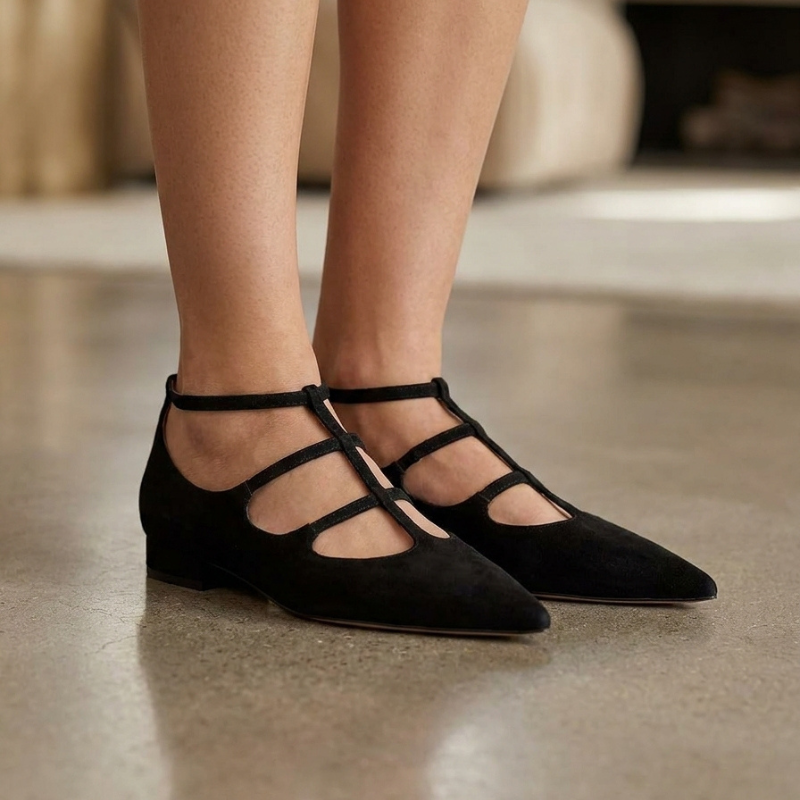 Zapato Punta Fina Tiras Horizontales Tacón Bajo