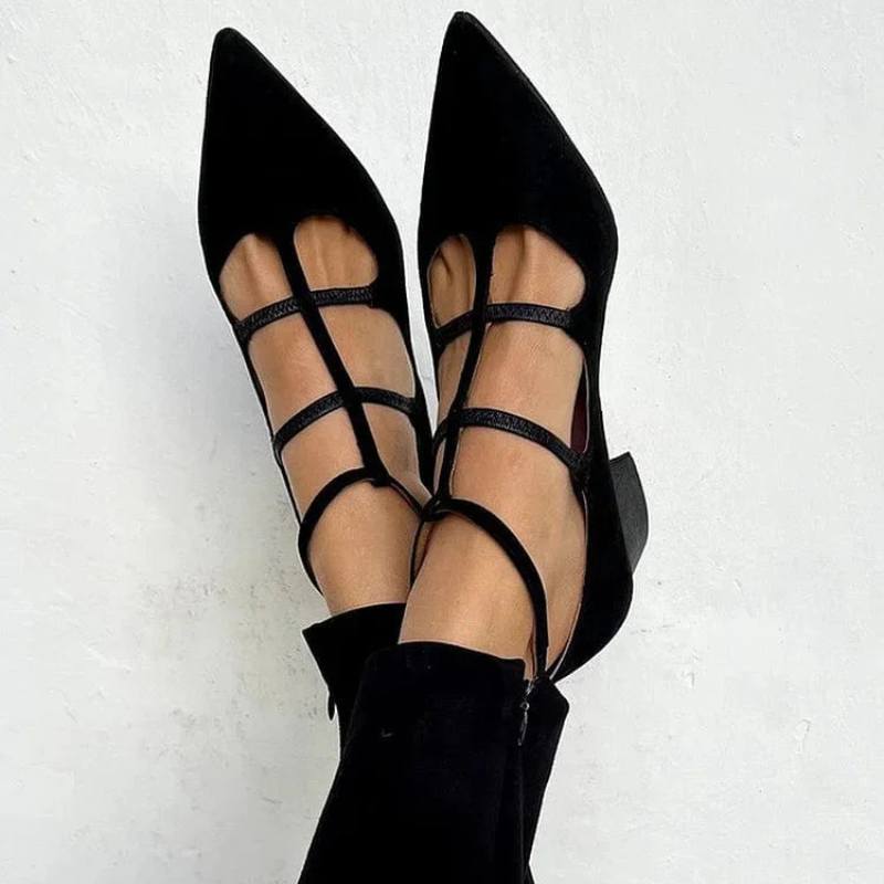 Zapato Punta Fina Tiras Horizontales Tacón Bajo