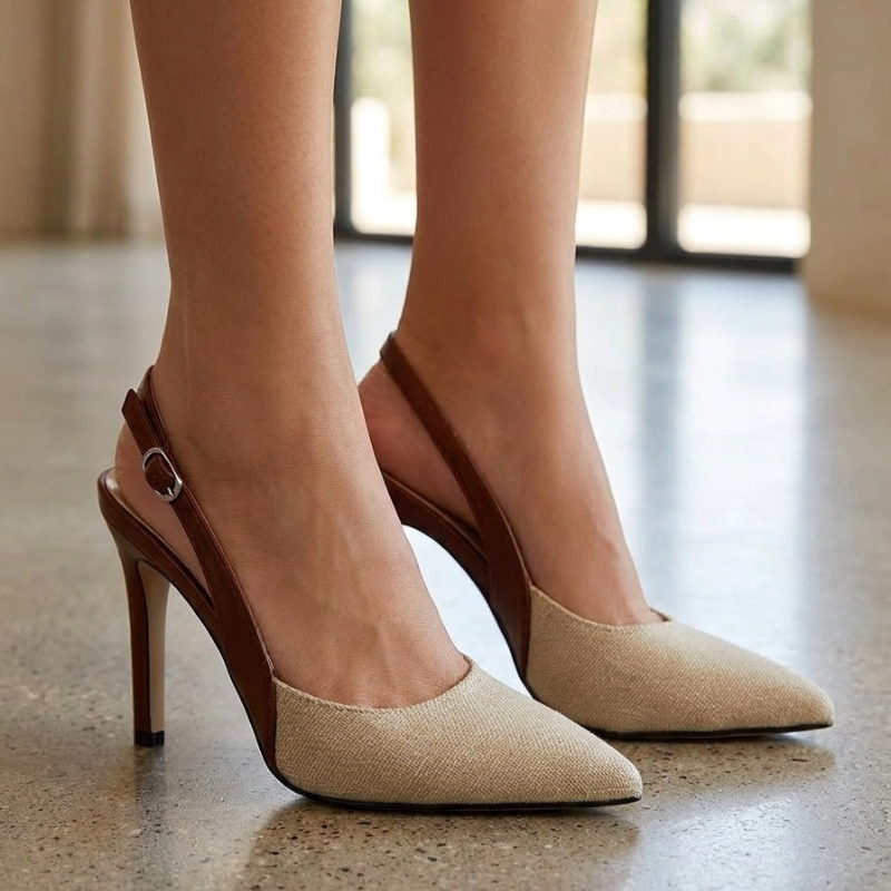 Salón Slingback Bicolor Tacón Aguja Punta Fina