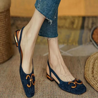 Slingback Ante Azul Marino Tacón Cuadrado Herraje Dorado