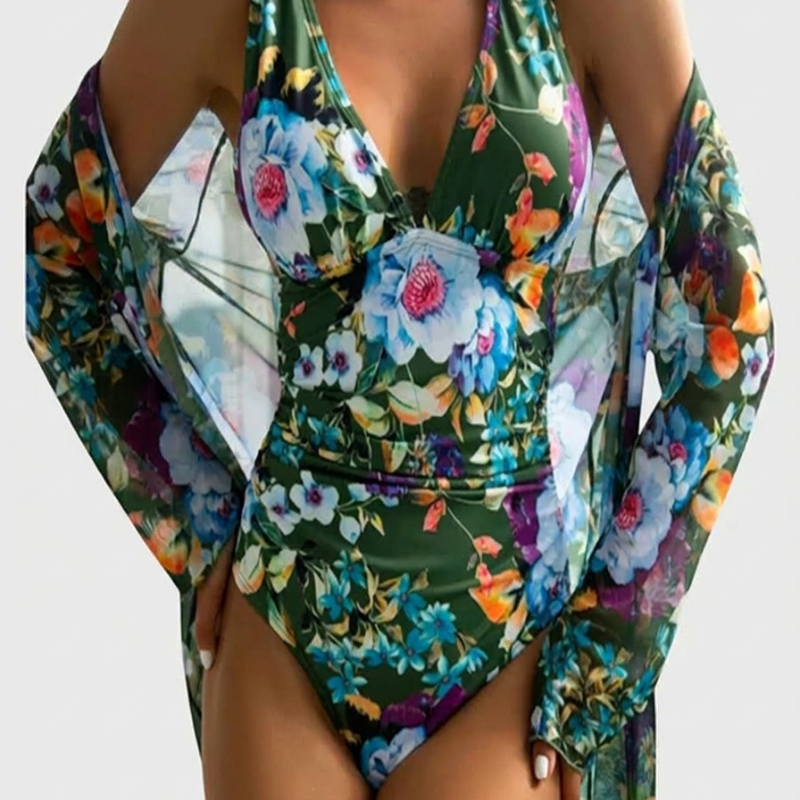 Conjunto Bañador Floral Escote V con Kimono
