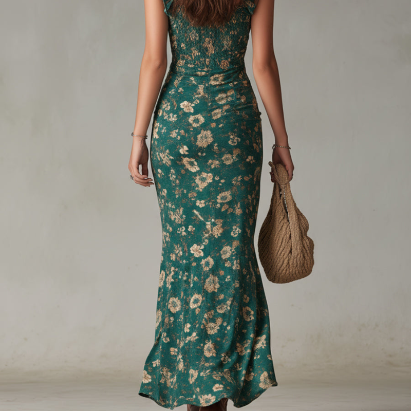 Vestido Largo Verde Floral Cuerpo Fruncido Tirantes Lazo