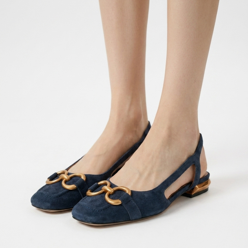 Slingback Ante Azul Marino Tacón Cuadrado Herraje Dorado
