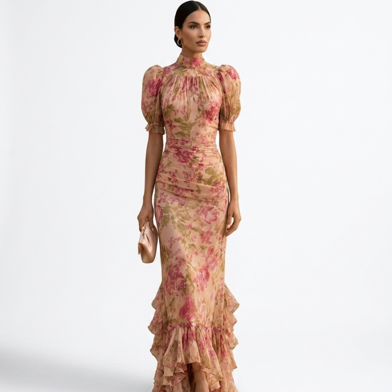Vestido Largo Floral Rosa con Volantes Elegantes