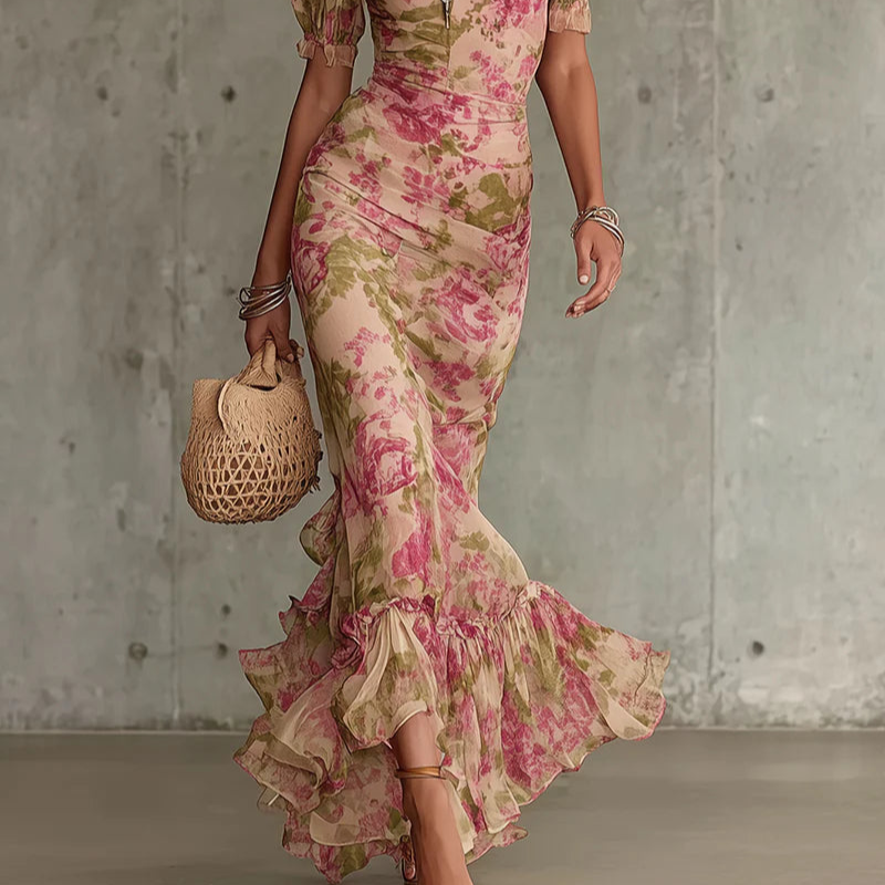 Vestido Largo Floral Rosa con Volantes Elegantes