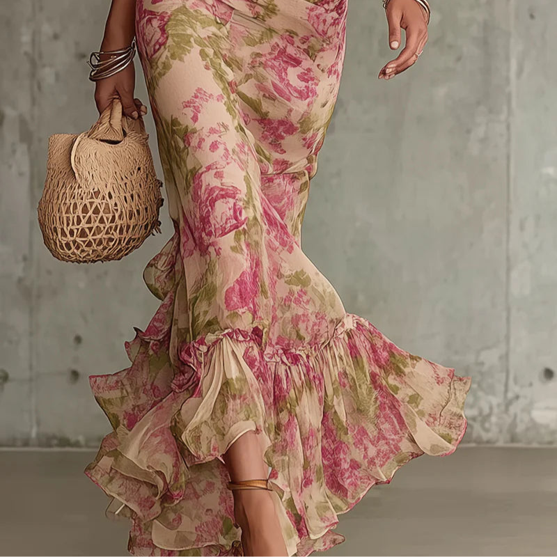 Vestido Largo Floral Rosa con Volantes Elegantes